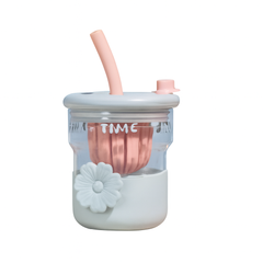1Pc Cute Flower Glass with Straw & Lid – 1 Pc Drinking Cup (Purple, Blue, Pink, Green) - Habitt