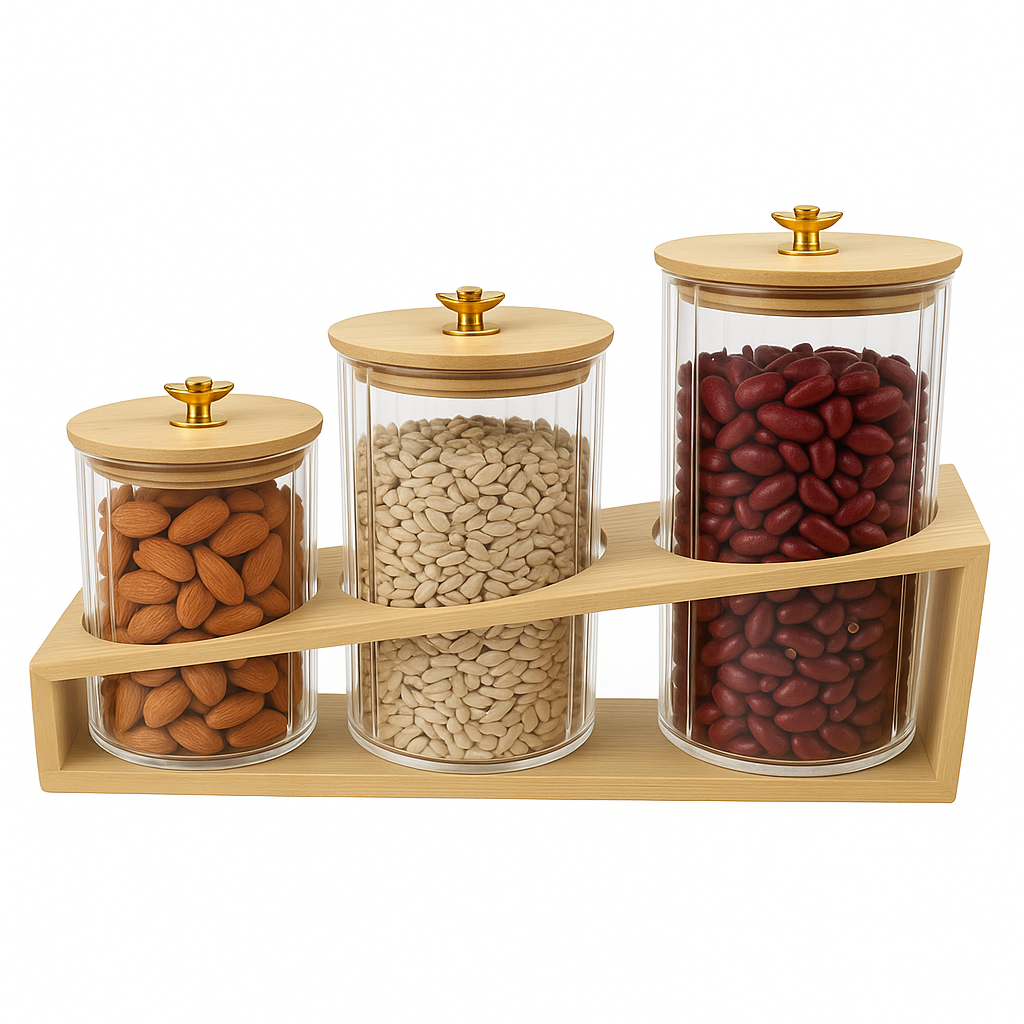3 Pcs Glass Jar Set with Wooden Stand – Airtight Kitchen Storage Containers - Habitt