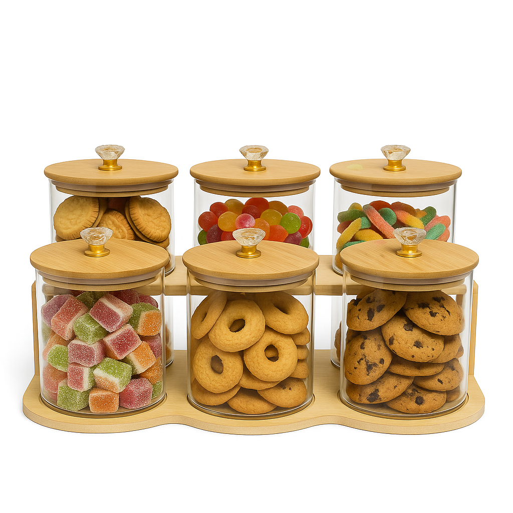 6Pcs Glass Jar Set with Wooden Stand – Airtight Kitchen Storage Containers - Habitt