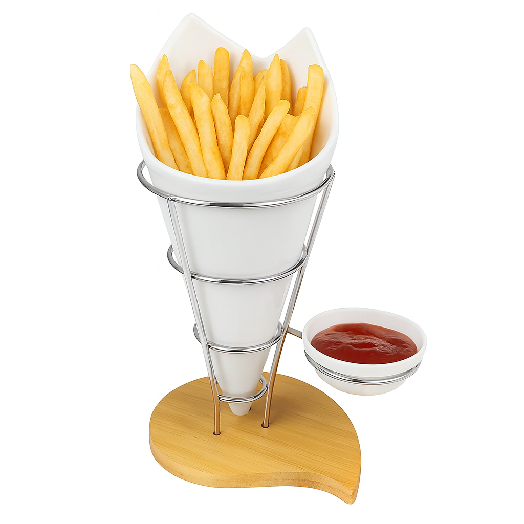 Ceramic Fries Stand with Metal Frame & Wooden Base – Snack Cone with Sauce Bowl - Habitt