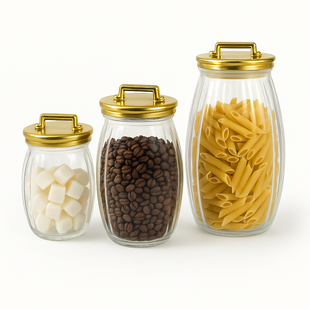 3 Pcs Sealed Storage Jars with Vertical Stripes & Handles – Variants: Gold, Rose Gold, Silver - Habitt