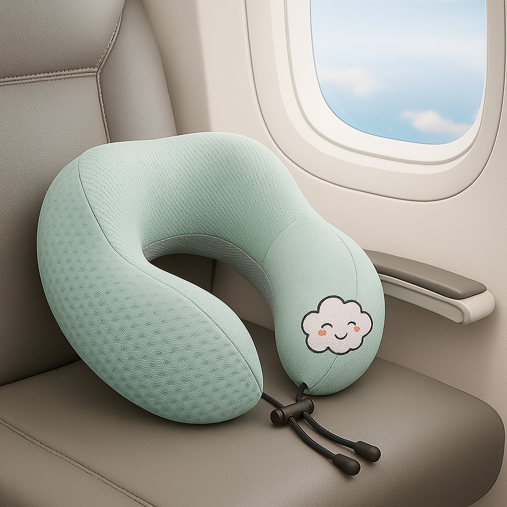 Travel Neck Pillow with Cute Design – Variant: Blue, Grey, Green, Purple, Pink - Habitt
