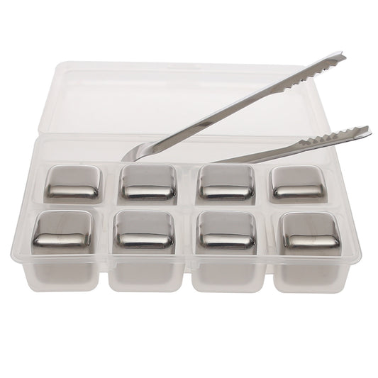 Reusable Stainless Steel Ice Cubes – 8‑Piece Set with Tongs & Storage Tray - Habitt