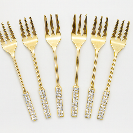 6 Pcs Golden Fork Set – Crystal Handle Design - Habitt