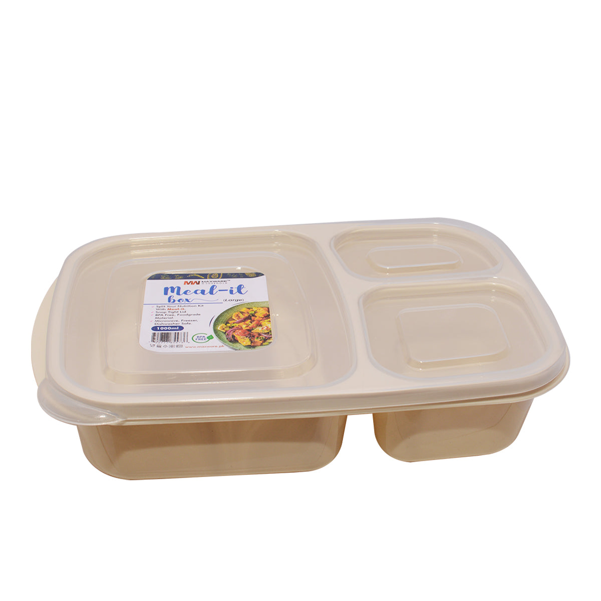 1pc Meal-It Box Large – 3 Compartment Lunch Box with Lid (Green, Beige, Grey, Pink) - Habitt