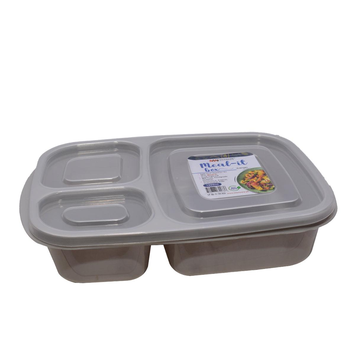 1pc Meal-It Box Large – 3 Compartment Lunch Box with Lid (Green, Beige, Grey, Pink) - Habitt