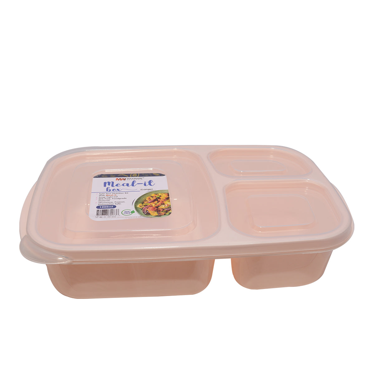 1pc Meal-It Box Large – 3 Compartment Lunch Box with Lid (Green, Beige, Grey, Pink) - Habitt
