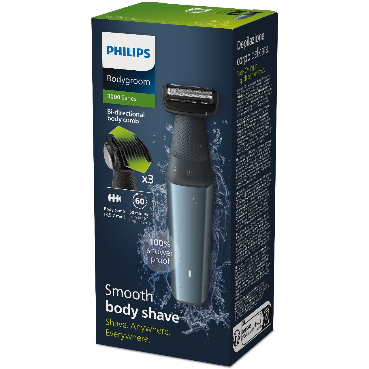 Philips BG3027/03 Bodygroom Series 3000 Showerproof Body & Groin Trimmer | 3 Comb Attachments, 60-Min Cordless Use - Habitt