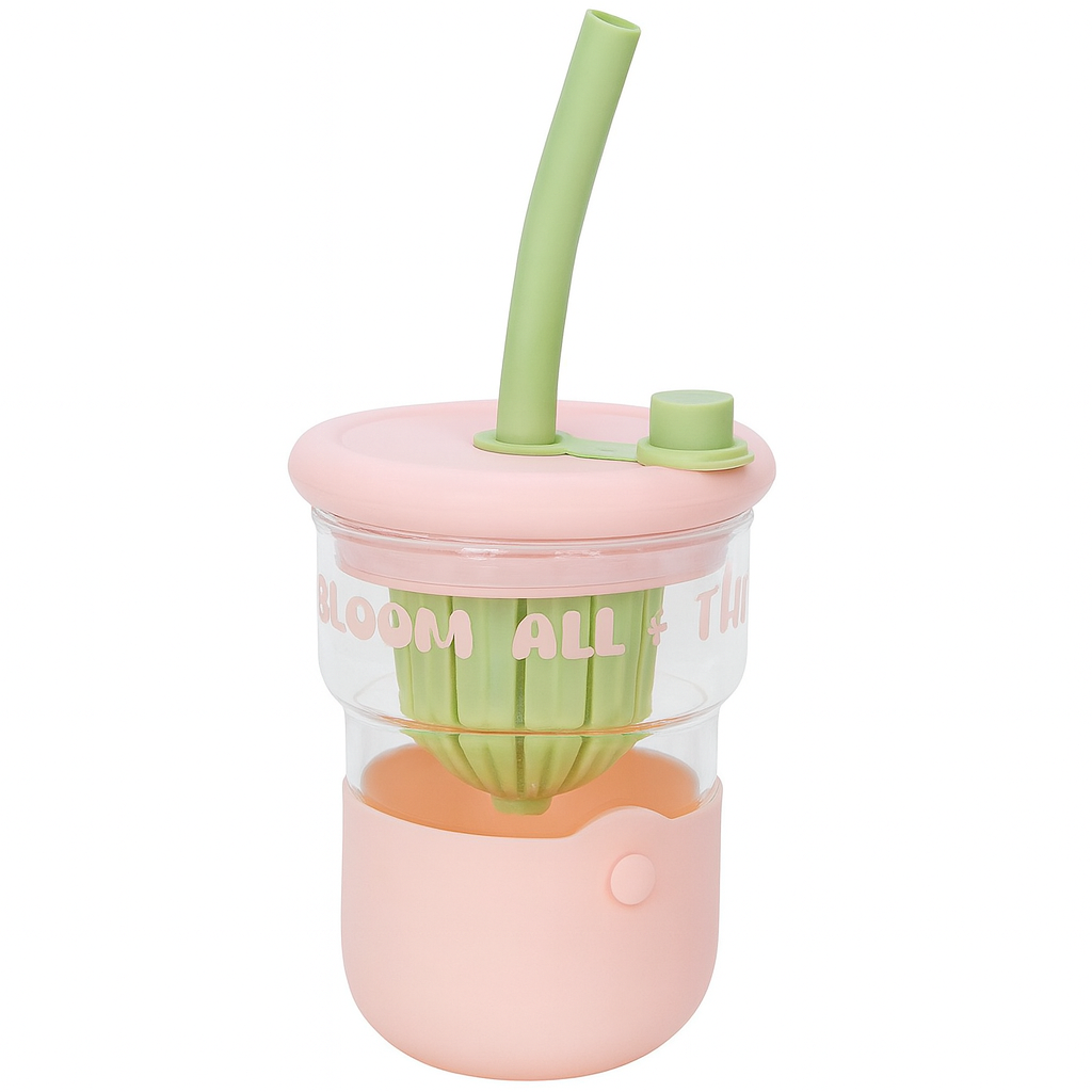 1Pc Cute Flower Glass with Straw & Lid – 1 Pc Drinking Cup (Purple, Blue, Pink, Green) - Habitt