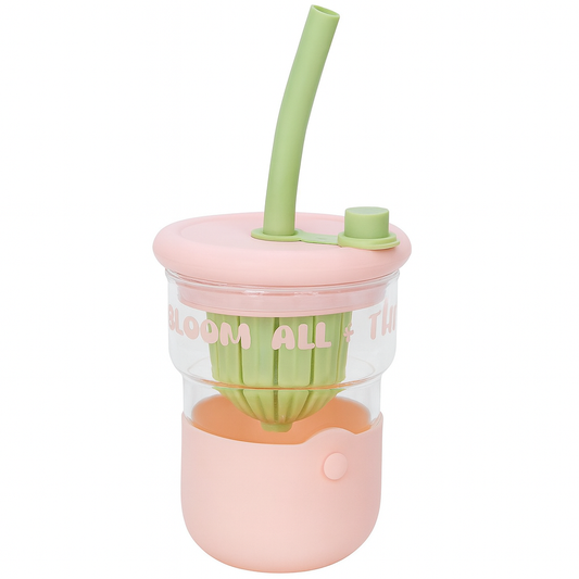 1Pc Cute Flower Glass with Straw & Lid – 1 Pc Drinking Cup (Purple, Blue, Pink, Green) - Habitt