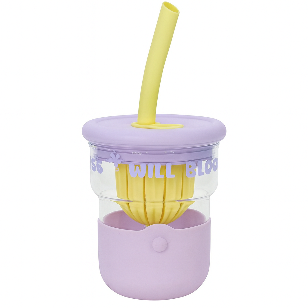 1Pc Cute Flower Glass with Straw & Lid – 1 Pc Drinking Cup (Purple, Blue, Pink, Green) - Habitt