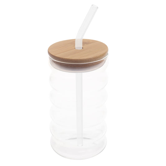 Ripple Glass Tumbler with Bamboo Lid & Straw – 450ml - Habitt