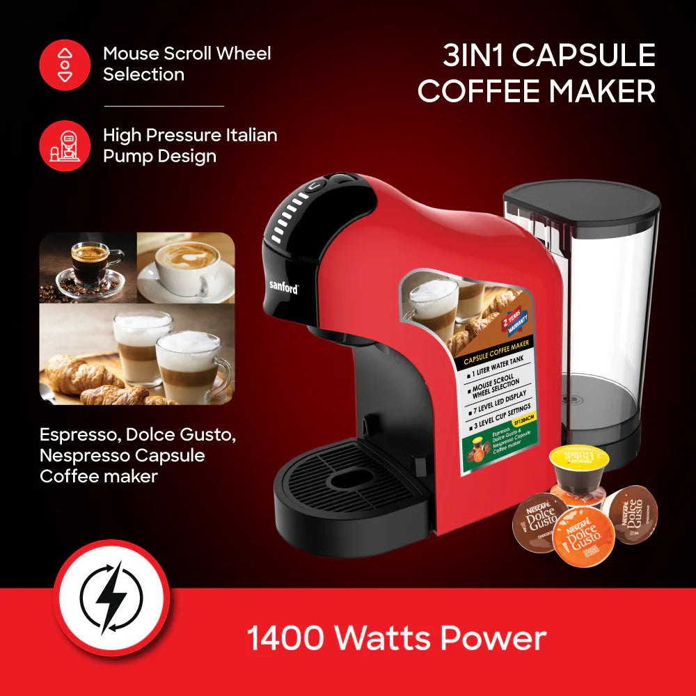 SANFORD SF1384CM 1400 W 3-in-1 Capsule Coffee Maker – High-Pressure Italian-Pump Espresso Machine with 1 L Tank - Habitt