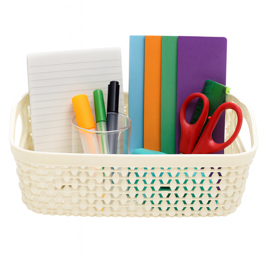 Drop Basket Small – Beige Plastic Storage Organizer with Handles for Home & Office - Habitt