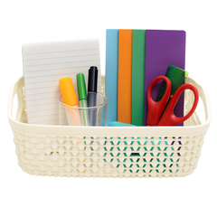 Drop Basket Small – Beige Plastic Storage Organizer with Handles for Home & Office - Habitt
