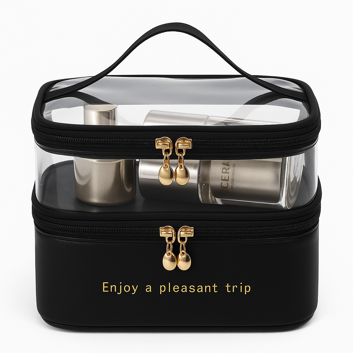 Transparent & PU Travel Cosmetic Pouch – Dual-Layer Makeup Organizer Bag - Habitt