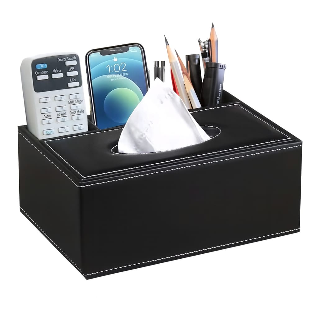 Leather Tissue Box with Remote & Desk Organizer – Multipurpose Storage Holder - Habitt