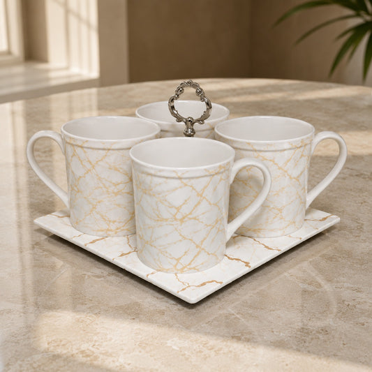 4 Pcs Marble Design Ceramic Mug Set with Stand | Tea & Coffee Mug Set