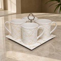 4 Pcs Marble Design Ceramic Mug Set with Stand | Tea & Coffee Mug Set