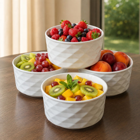 Diamond Embossed Ceramic Bowl Set | White Serving & Fruit Bowls