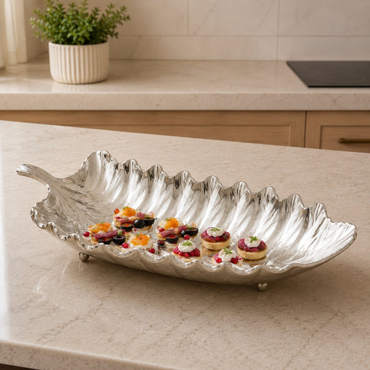 Leaf Shaped Decorative Serving Tray | Elegant Metal Platter for Appetizers & Desserts