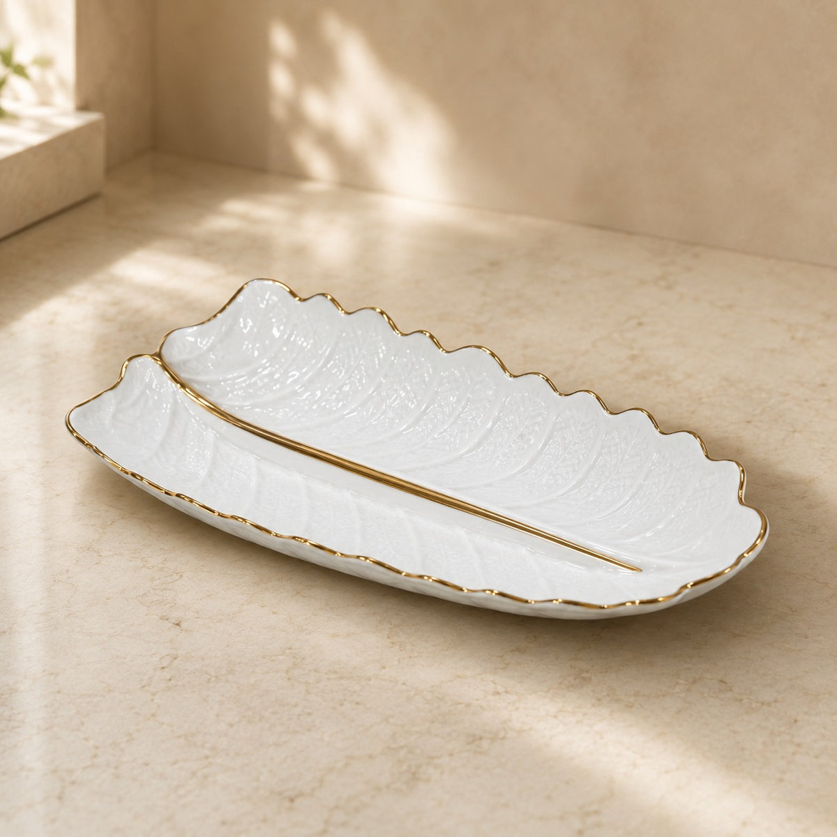 Leaf Shaped Ceramic Serving Platter with Gold Rim | Elegant White Serving Dish