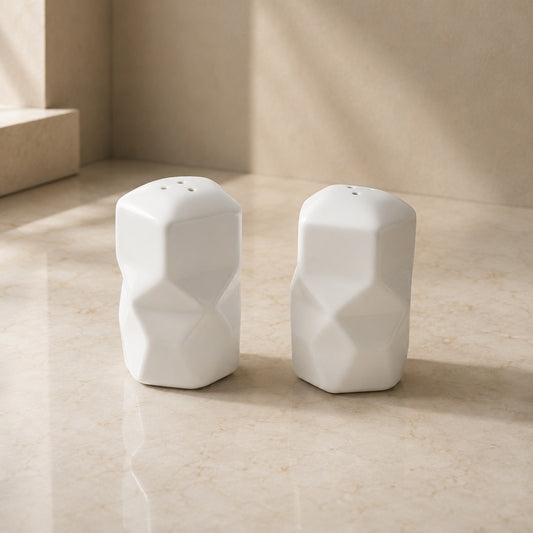 2 Pcs Geometric Ceramic Salt & Pepper Shaker Set | White Table Seasoning Dispensers