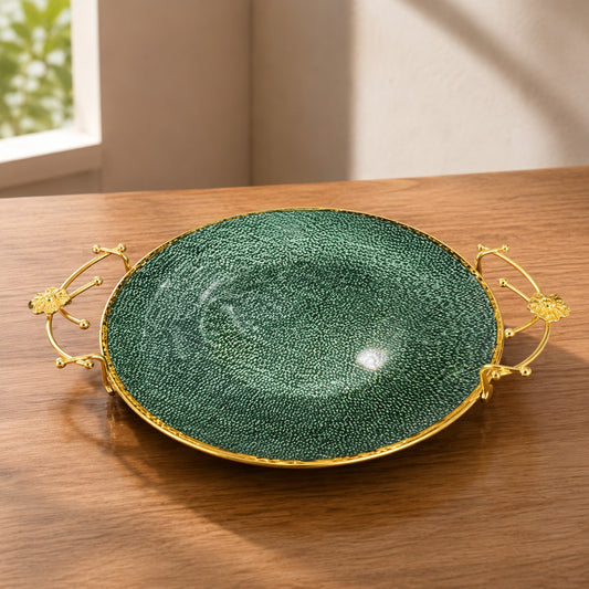 Assorted Green Decorative Serving Tray with Gold Handles | Elegant Round Serving Platter