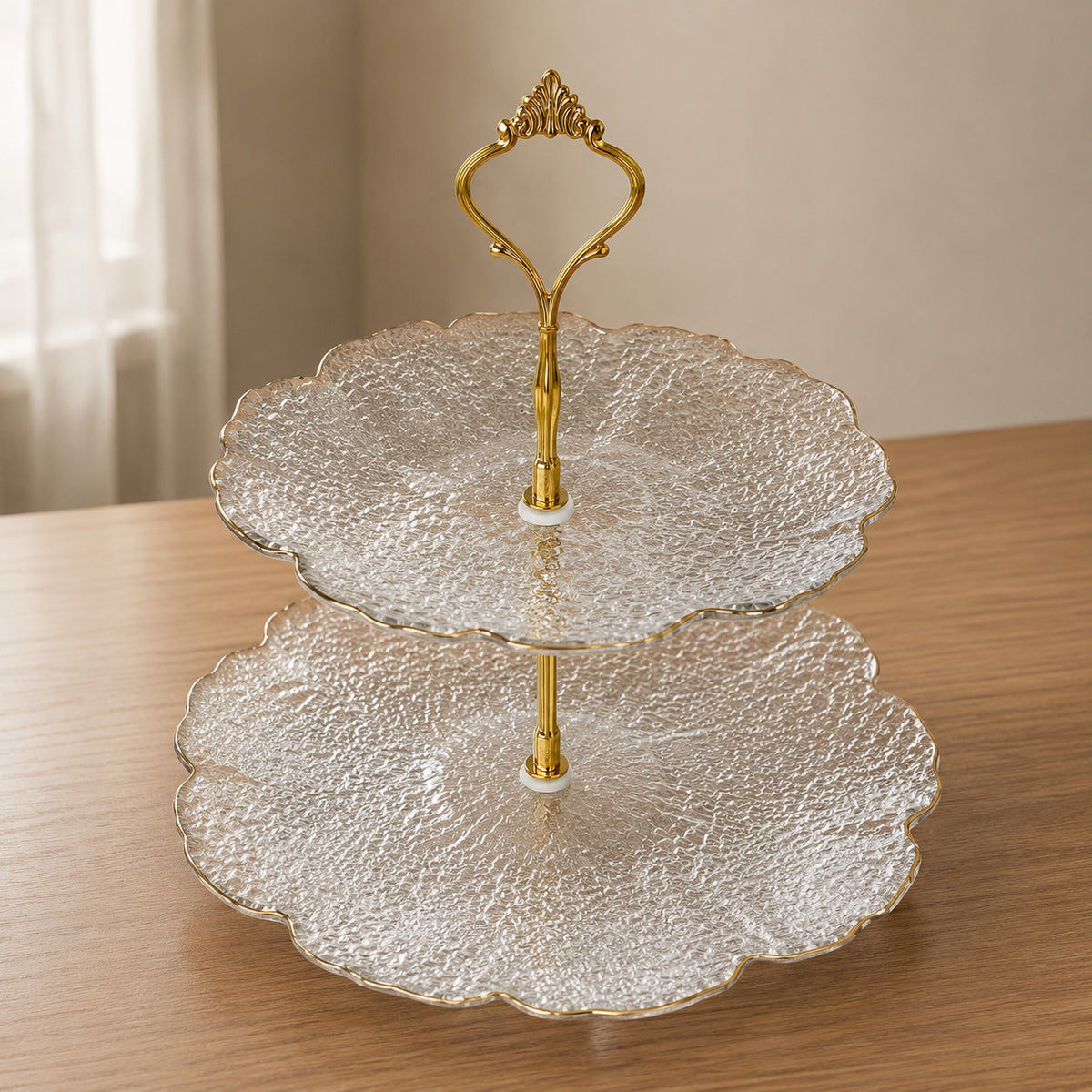 2 Tier Glass Cake Stand | Elegant Dessert & Serving Stand with Gold Handle