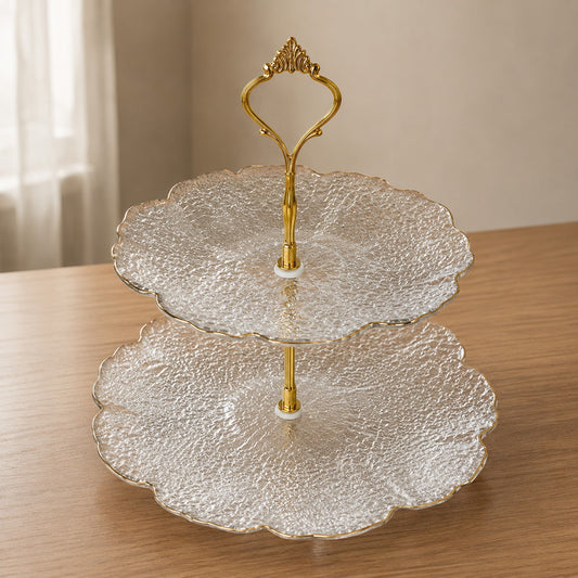 2 Tier Glass Cake Stand | Elegant Dessert & Serving Stand with Gold Handle