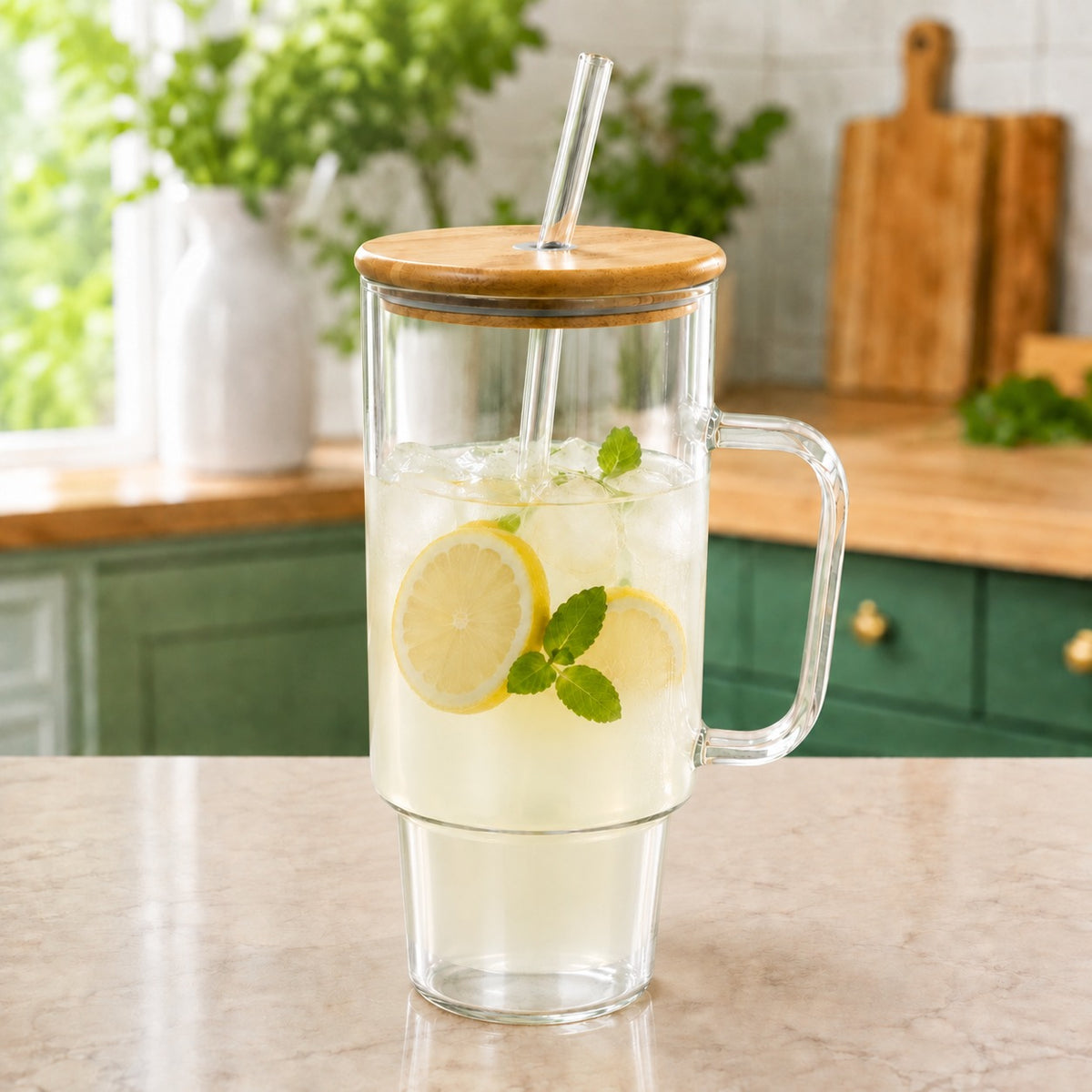 Mason Jar with Lid, Straw & Handle – Transparent Drinking Jar for Juice, Lemonade, Iced Tea & Cold Beverages