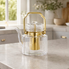 1.5 Liter Glass Kettle with Infuser & Gold Handle – Elegant Tea Pot