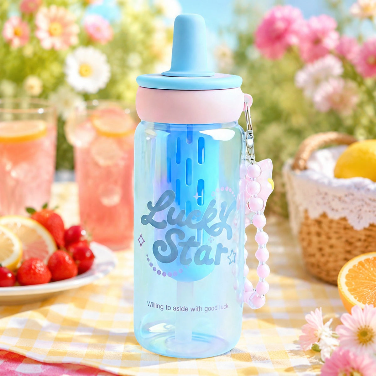 Blue 900ml Lucky Star Water Bottle with Straw & Charm