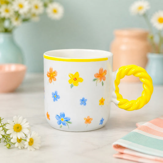 Floral Ceramic Coffee Mug with Twisted Handle – Colourful Tea & Coffee Cup