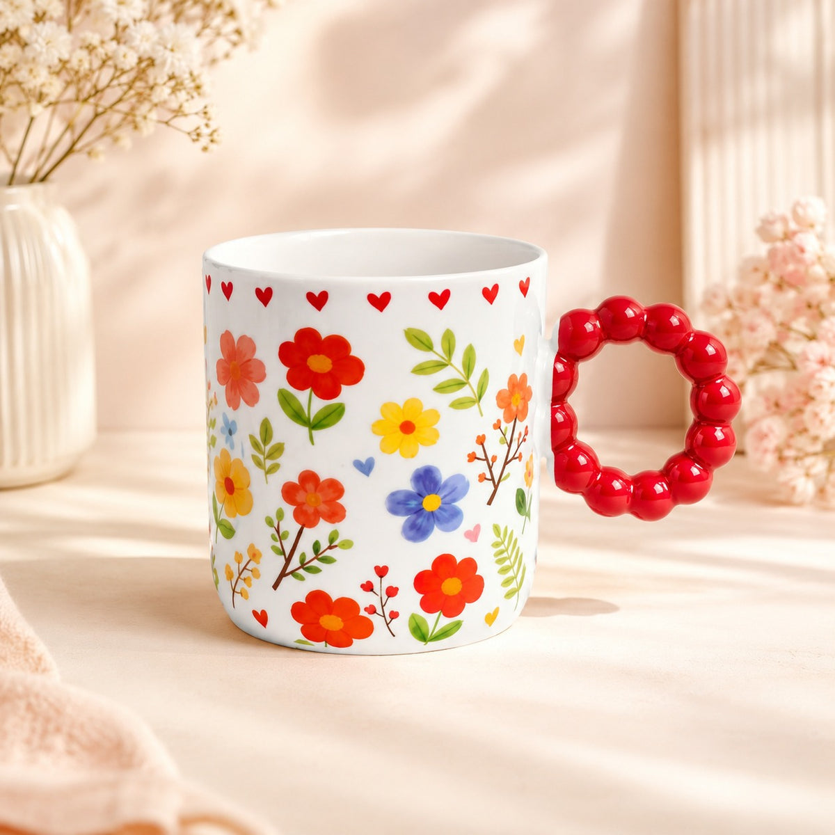 Colourful Floral Ceramic Coffee Mug with Beaded Handle – Cute Tea & Coffee Cup