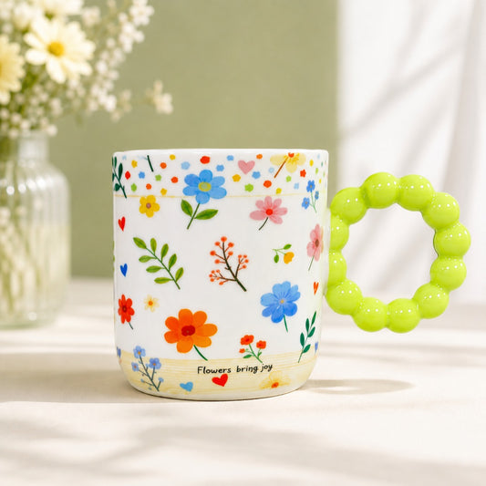 Colourful Floral Ceramic Coffee Mug with Beaded Handle – Cute Tea & Coffee Cup