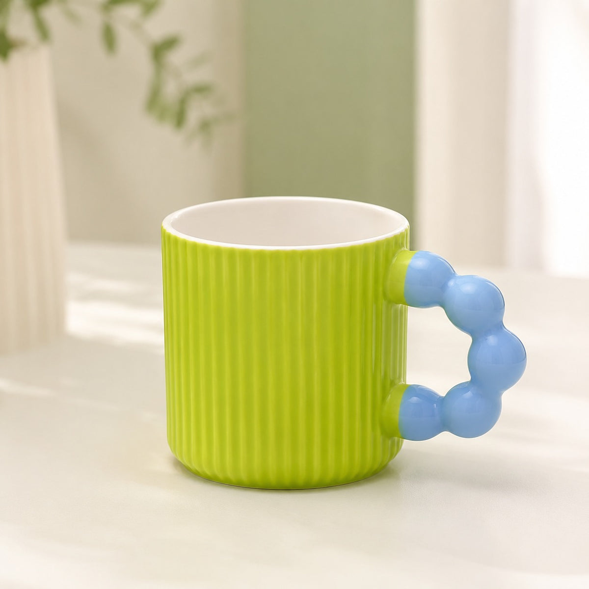 Ribbed Ceramic Coffee Mug with Beaded Handle – Colourful Tea & Coffee Cup