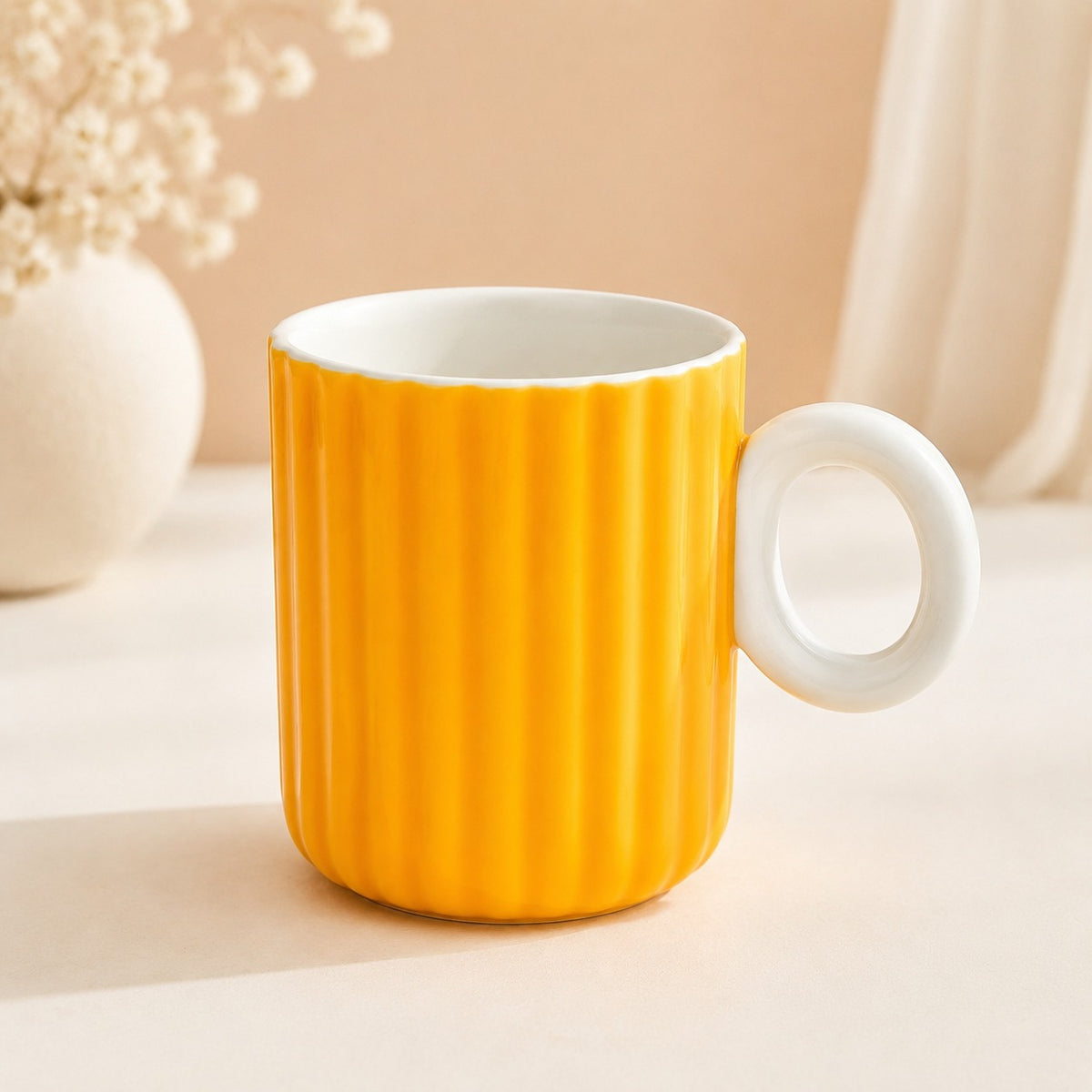 Pastel Ribbed Ceramic Coffee Mug with Round Handle – Colourful Tea & Coffee Cup