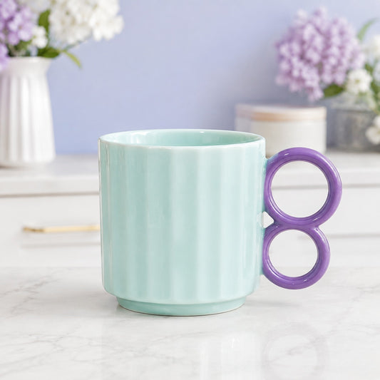 Colourful Ribbed Ceramic Coffee Mug with Creative Handle – Modern Tea & Coffee Cup