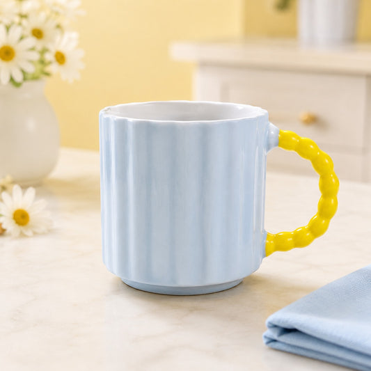 Pastel Ribbed Ceramic Coffee Mug with Beaded Handle – Cute Tea & Coffee Cup