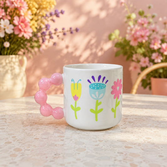Colourful Floral Bubble Handle Ceramic Mug