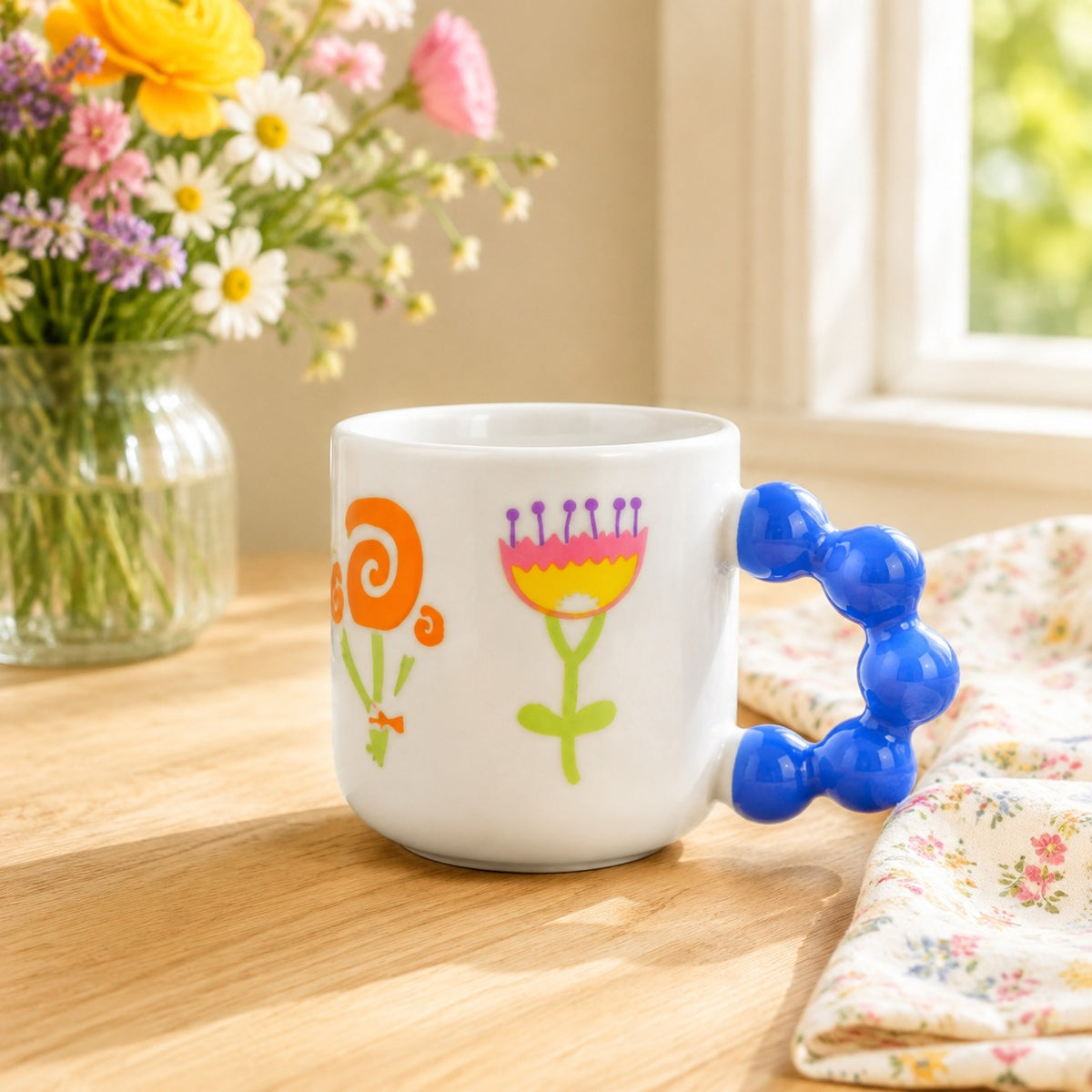 Colourful Floral Bubble Handle Ceramic Mug