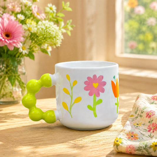 Colourful Floral Bubble Handle Ceramic Mug