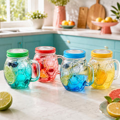 Assorted Mason Jar with Lid & Handle – Colorful Drinking Jar for Juice, Lemonade, Iced Tea & Cold Beverages