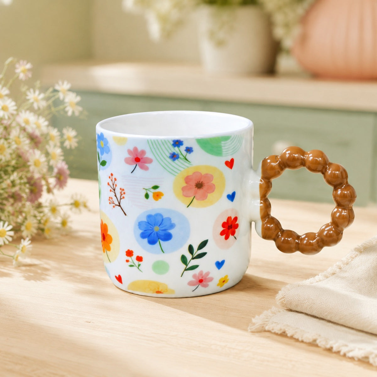 Colourful Floral Ceramic Coffee Mug with Beaded Handle – Cute Tea & Coffee Cup