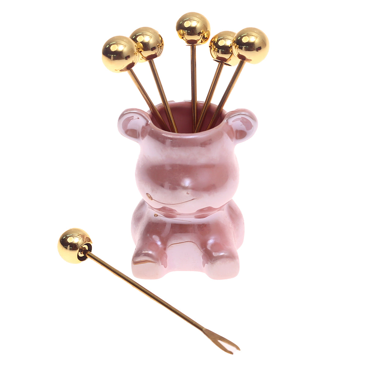 Shine Bear Fruit Pick Set – 7 Pcs Decorative Cocktail Forks with Holder - Habitt