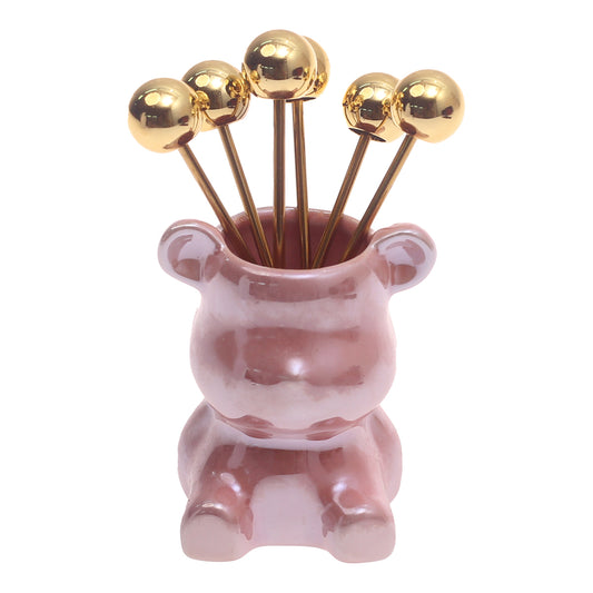 Shine Bear Fruit Pick Set – 7 Pcs Decorative Cocktail Forks with Holder - Habitt