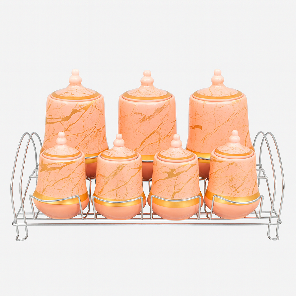 7 Pcs Canister Set with Ceramic Lid 2713-P – Peach Marble Kitchen Storage Jars - Habitt