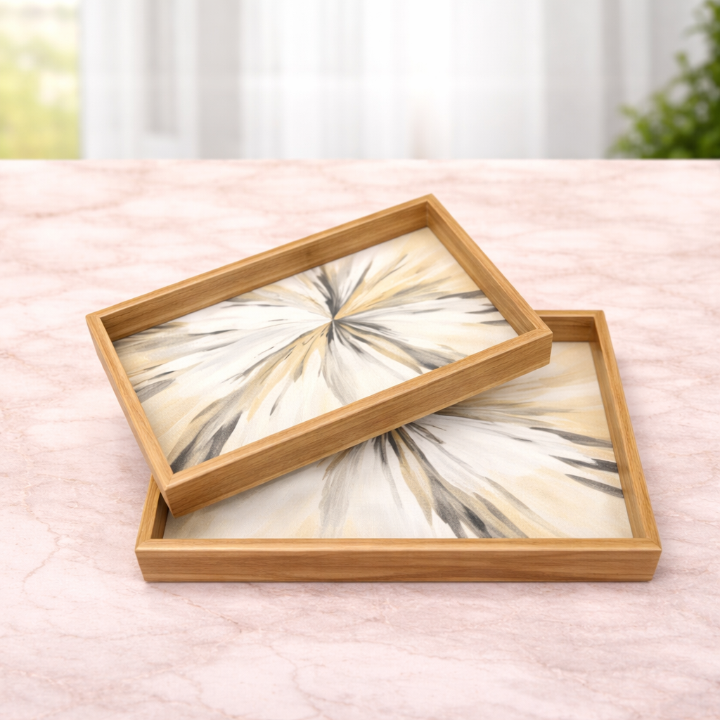 2Pcs Tray Set – Rectangular Serving Trays with Elegant White Floral Design - Habitt