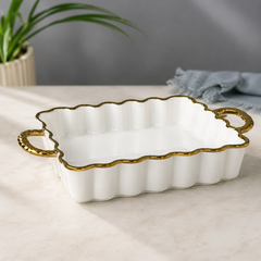Elegant Scalloped Serving Dish with Gold Handles | Premium Ceramic Bake & Serve Dish
